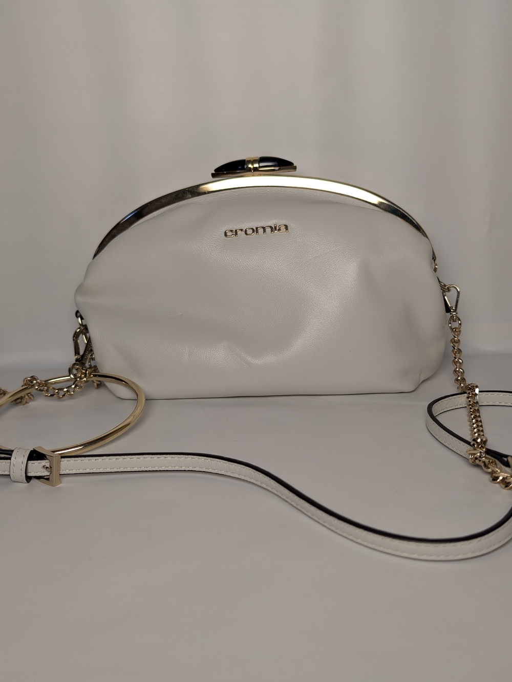 Cromia White Leather Crossbody with Gold Accents